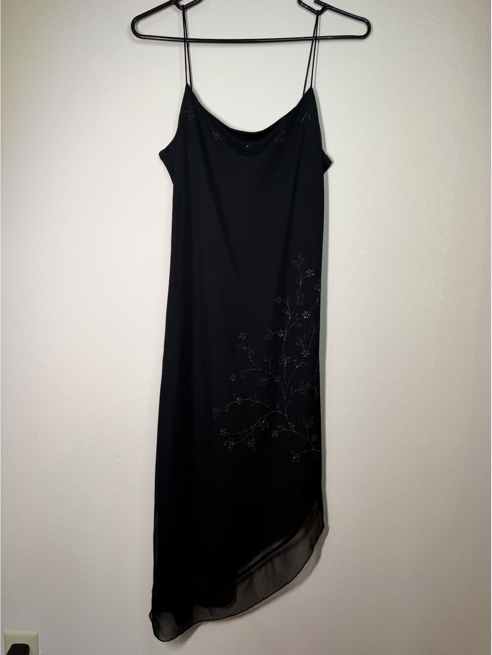 Y2K ByerToo! Black Asymmetric Slip Dress with Embroidered Floral Detail